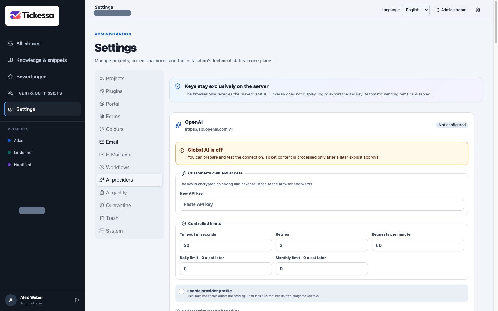 AI provider profile with key management and call limits