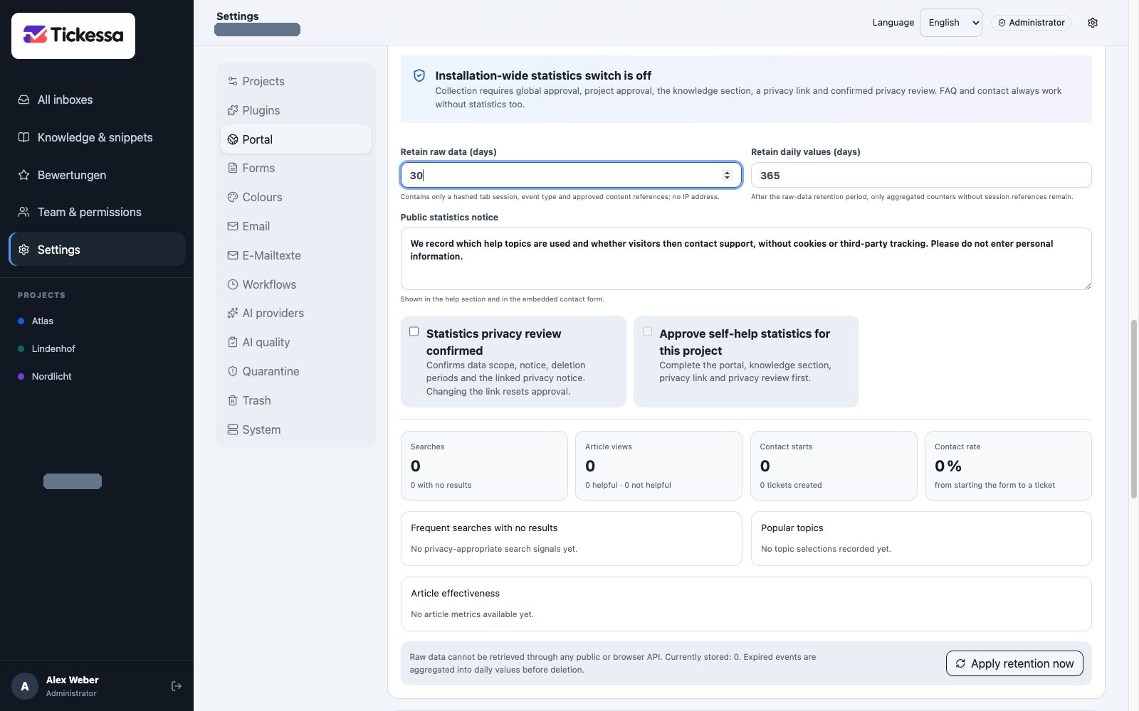 Self-help statistics with retention periods, approvals and metrics