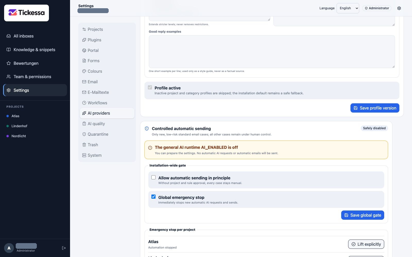 Automatic sending with emergency stop, approvals and rule limits