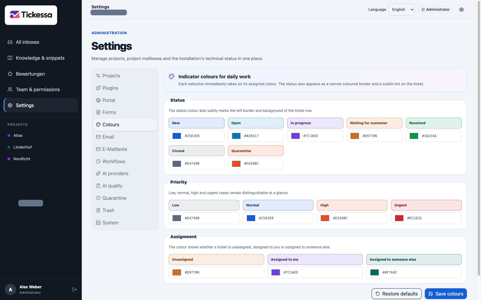 Colour settings for ticket status, priority and assignment