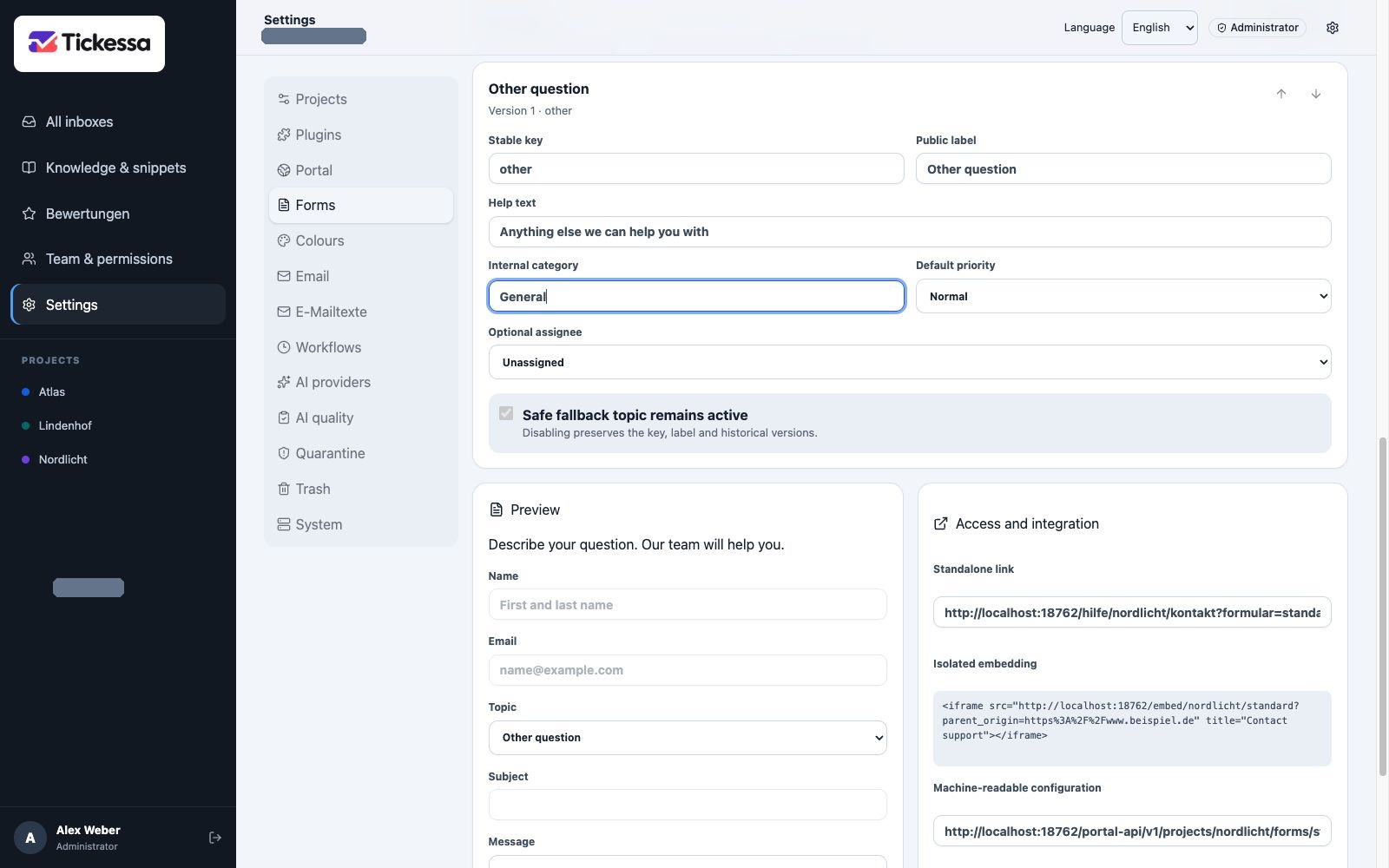 Form settings with public topics and internal mapping