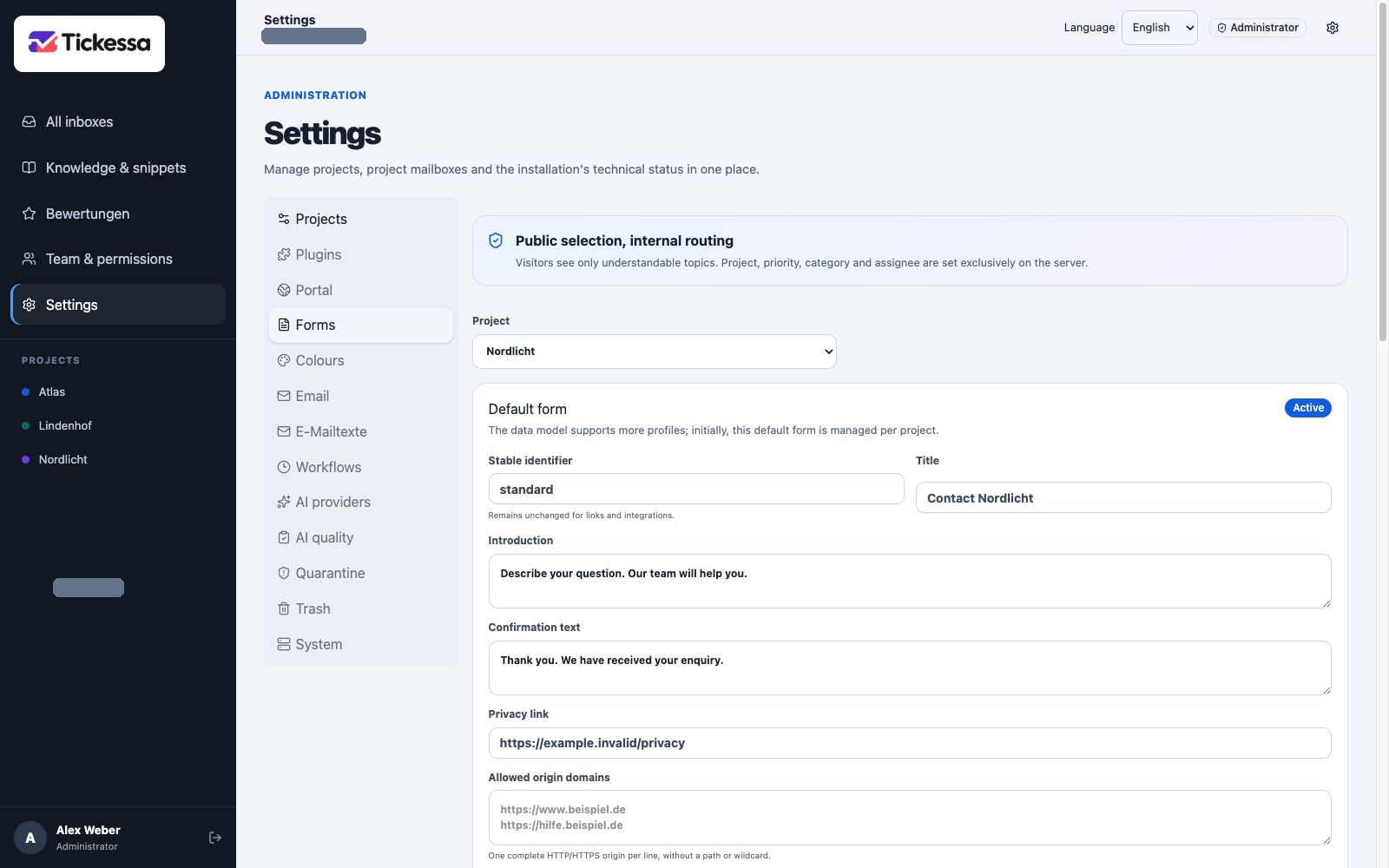 Form profile with project, text and contact notices