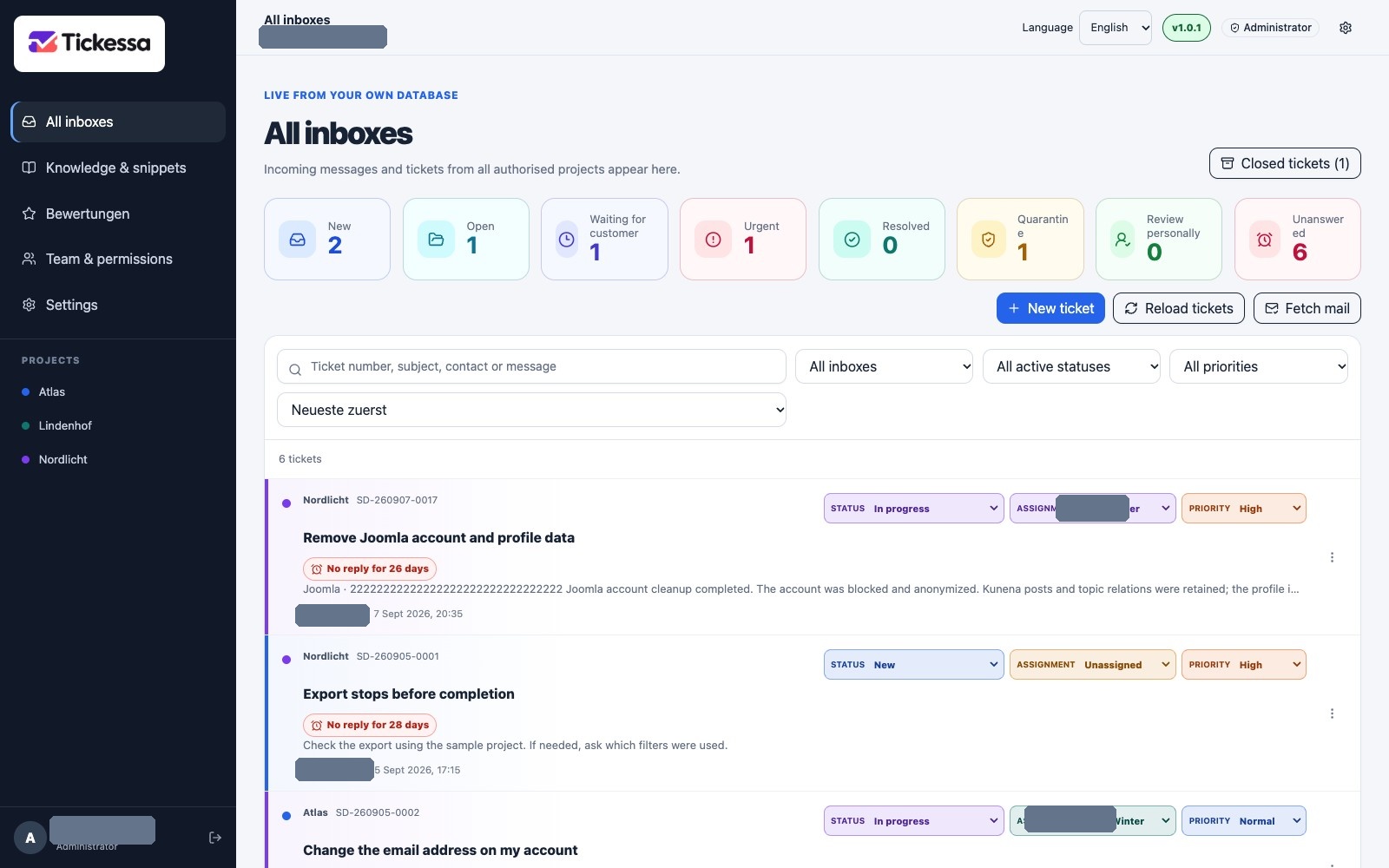 Shared inbox with project filters and colour-coded tickets