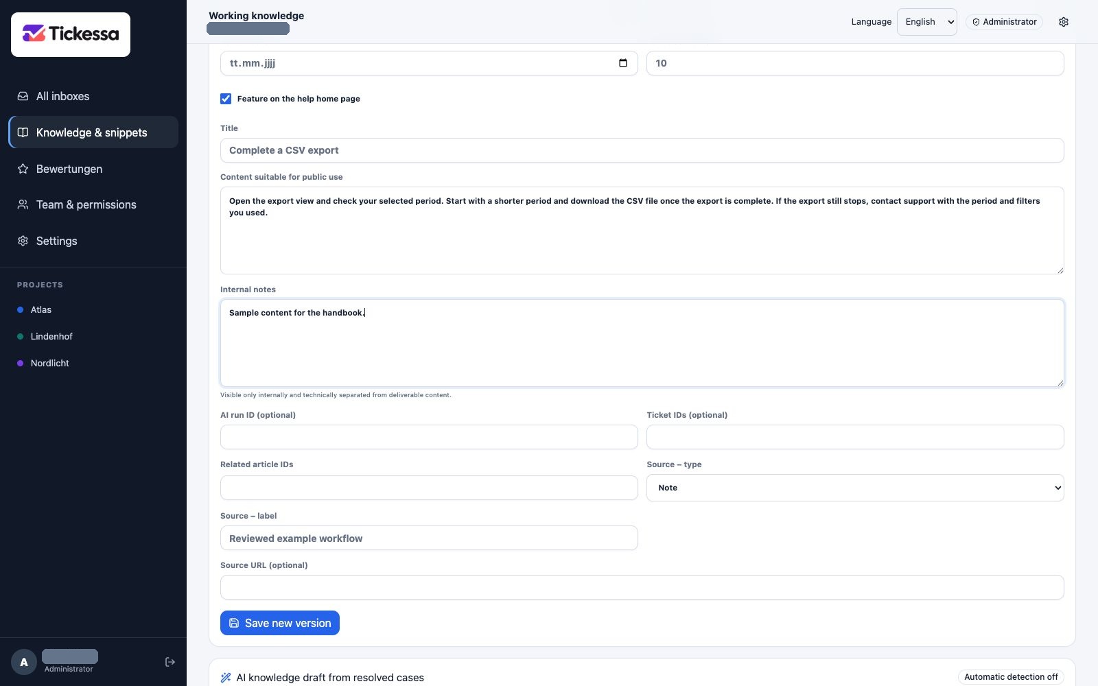 Knowledge editor with public content, internal notes and source