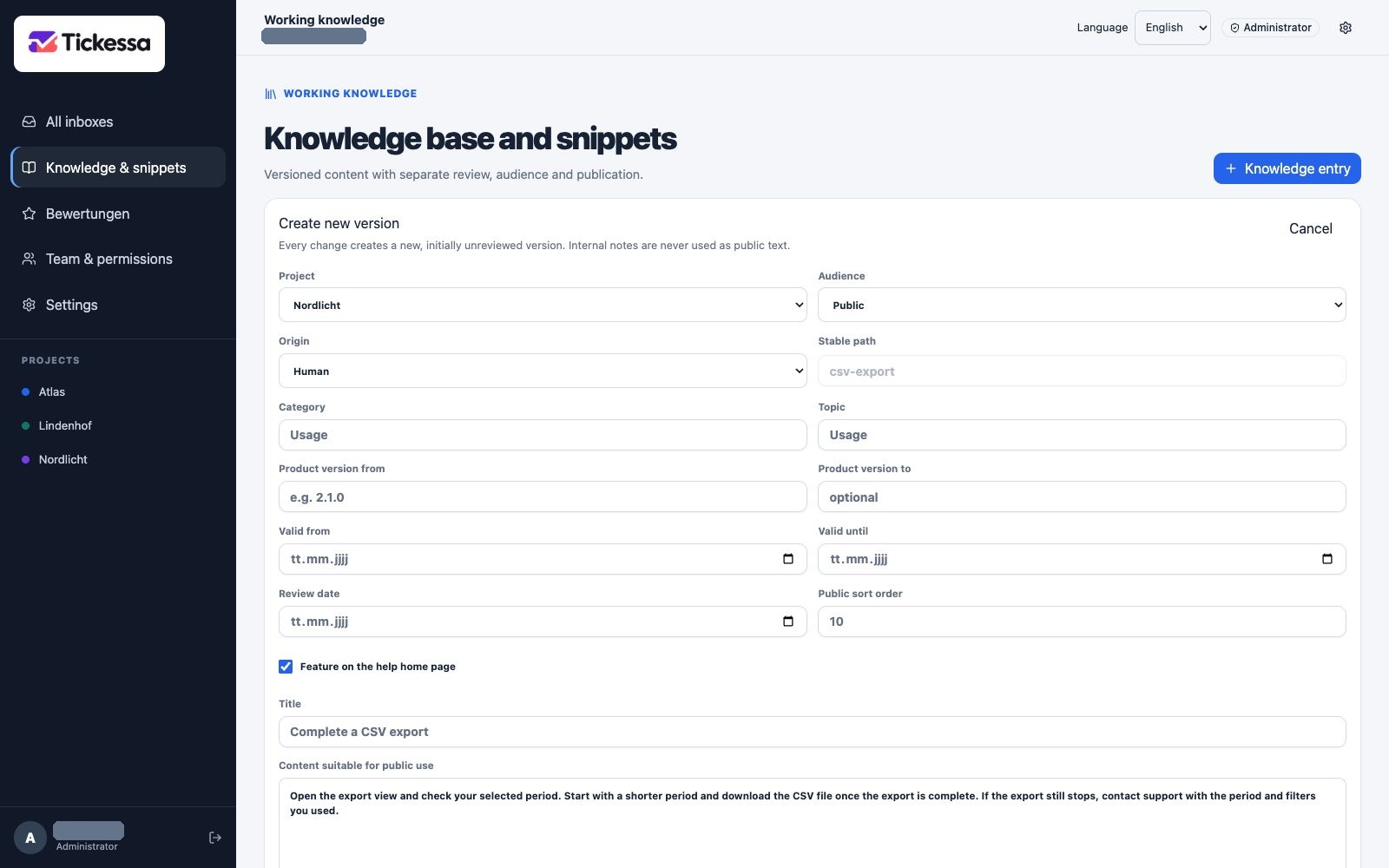 Knowledge editor with project, audience, origin, validity and title