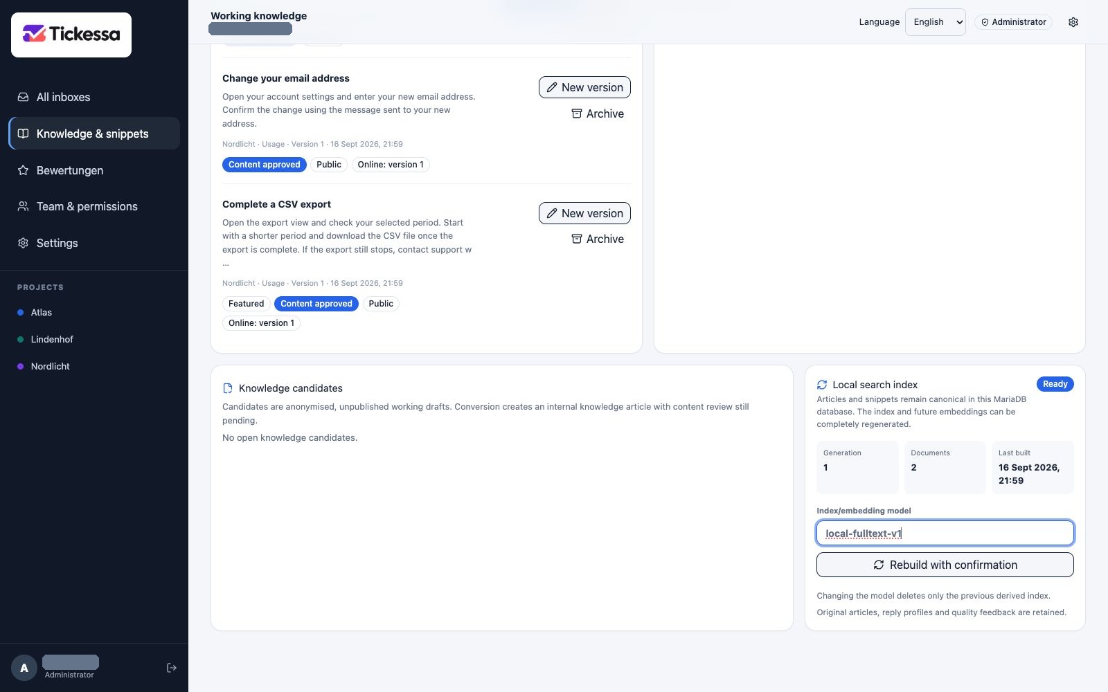 Knowledge search with index status and knowledge-candidate area