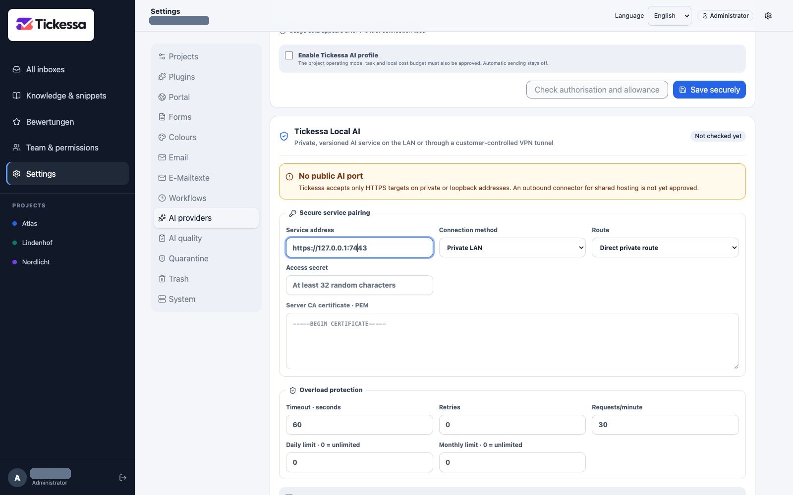 Local AI connection with service address and project routing