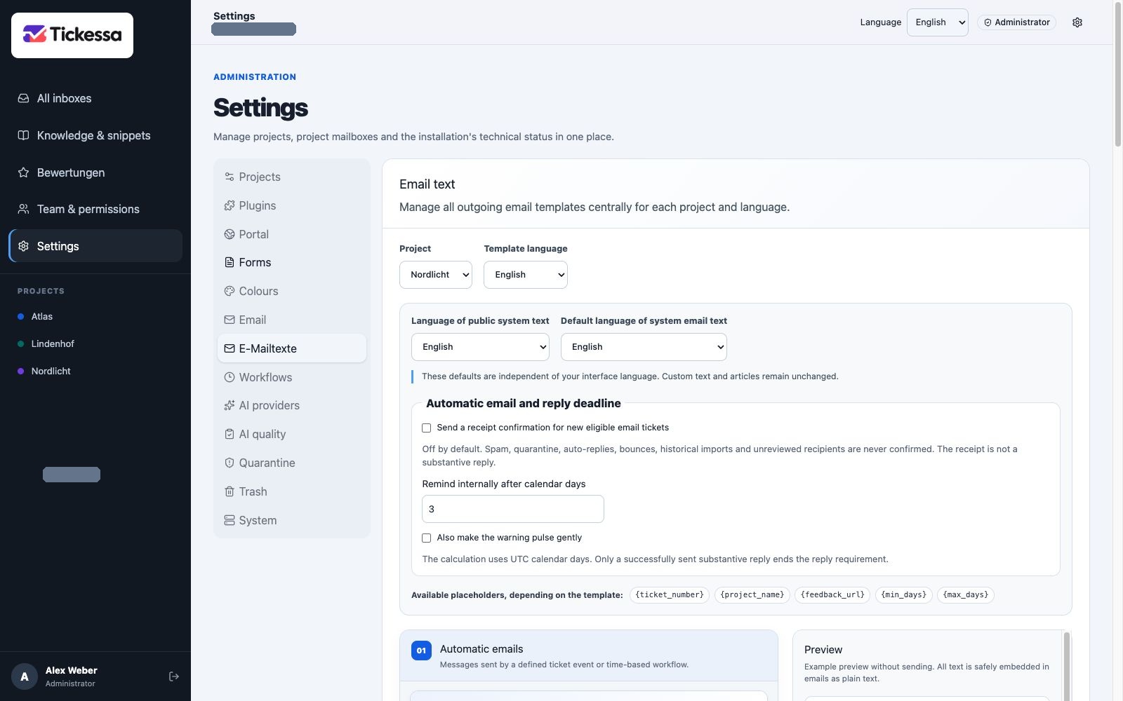 Email template editor with project and language selectors