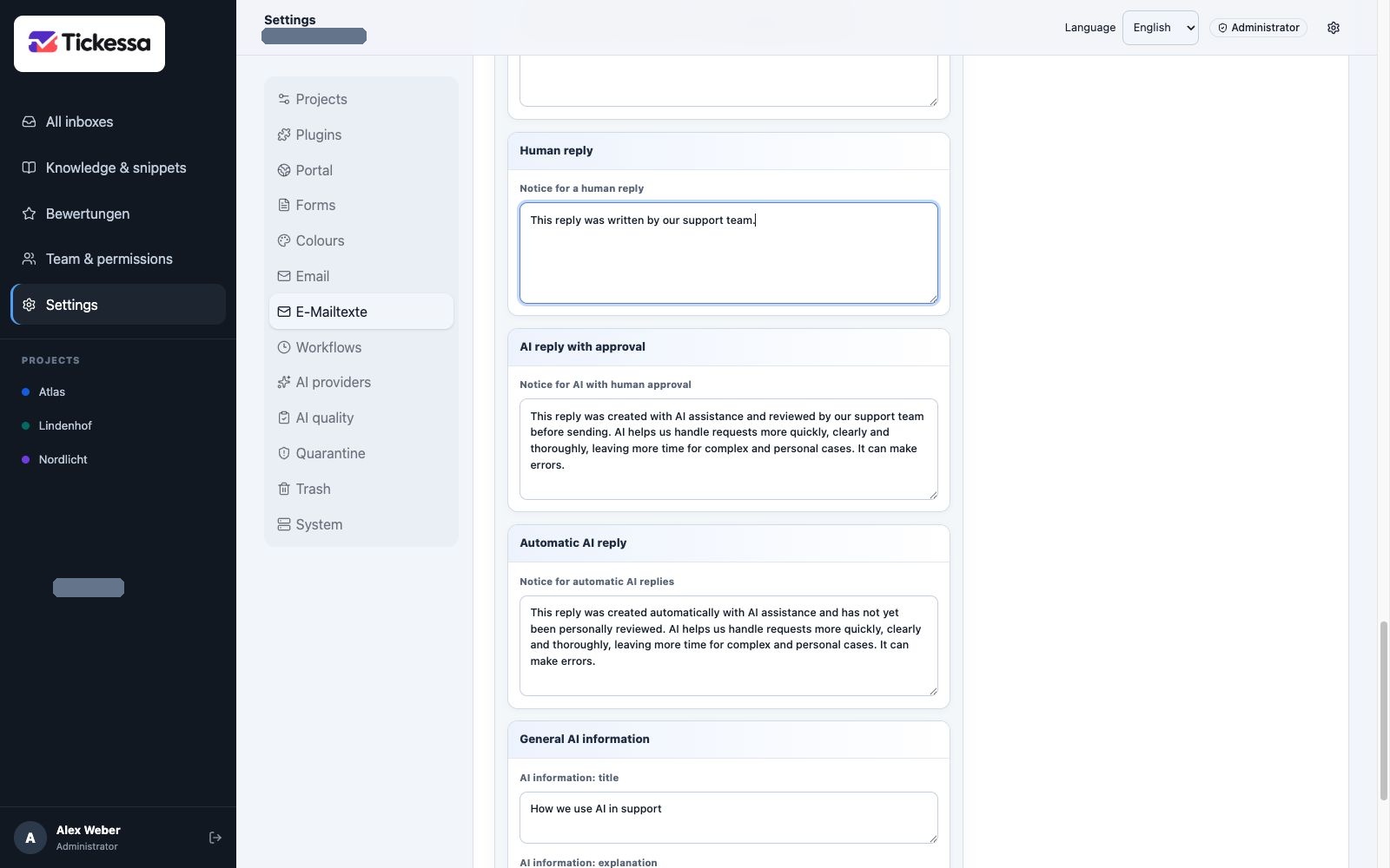 Email templates with response-origin notices and message preview