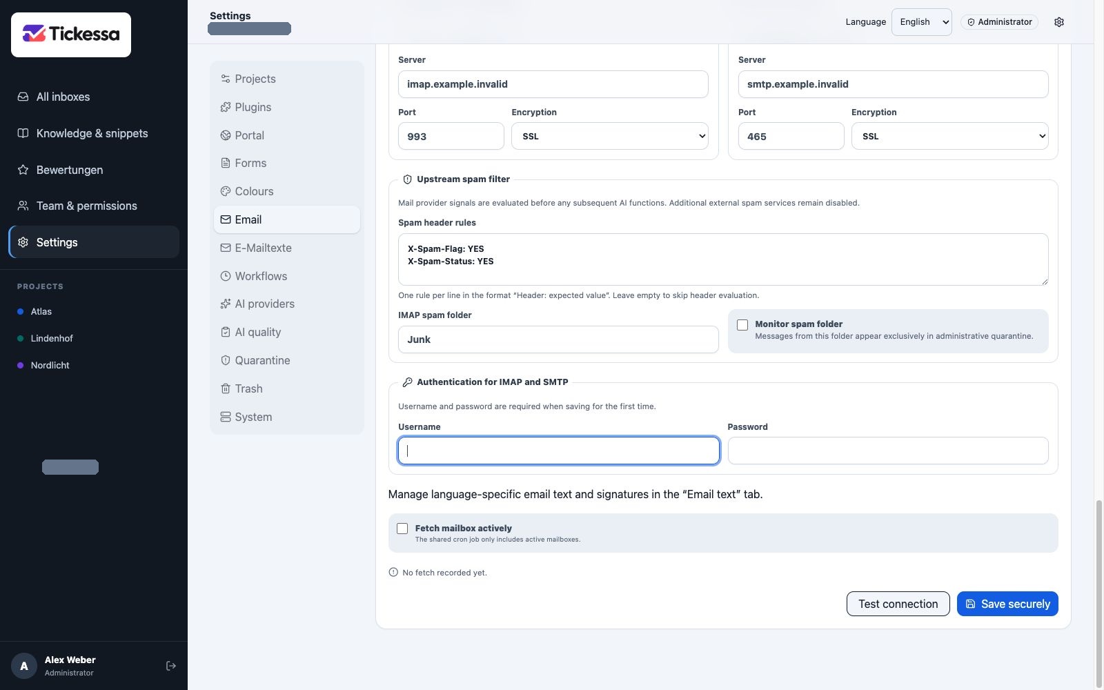 Mailbox settings for upstream spam filtering and spam folder