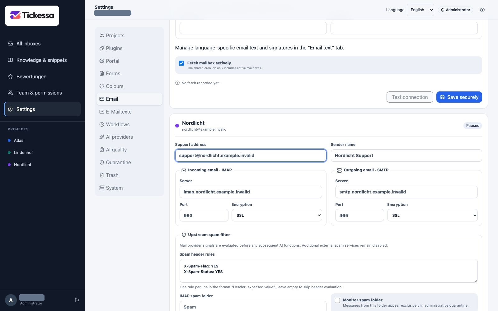 Mailbox form with IMAP, SMTP and polling settings