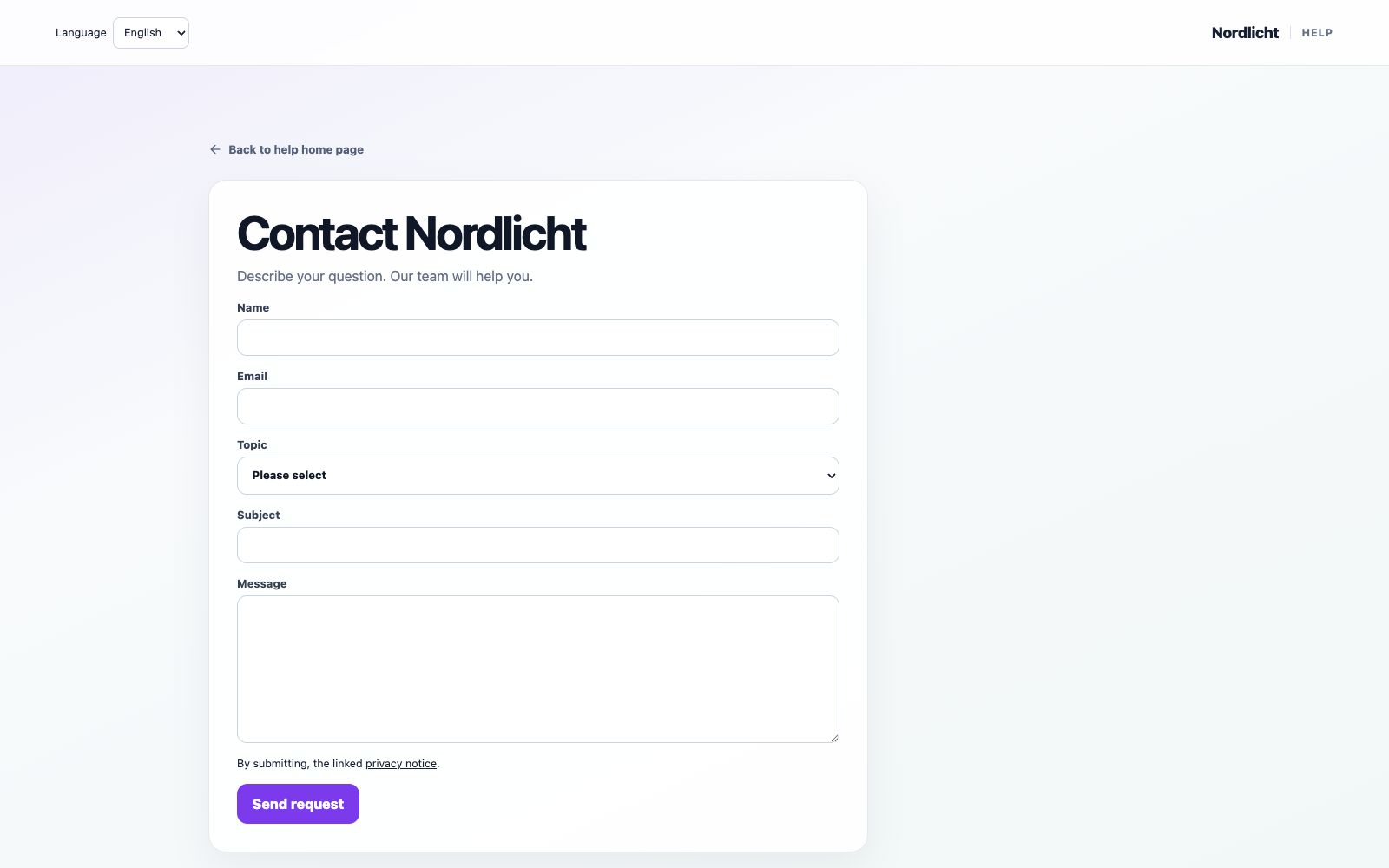 Public contact form with topic, contact details and message