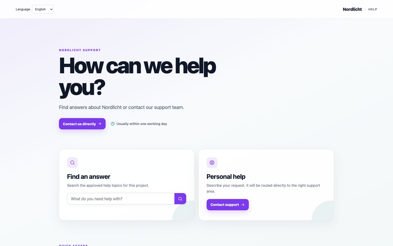 Public Nordlicht help page with search, article and contact