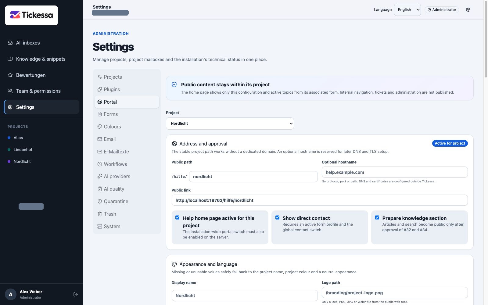 Portal administration with project, public path and activation switches