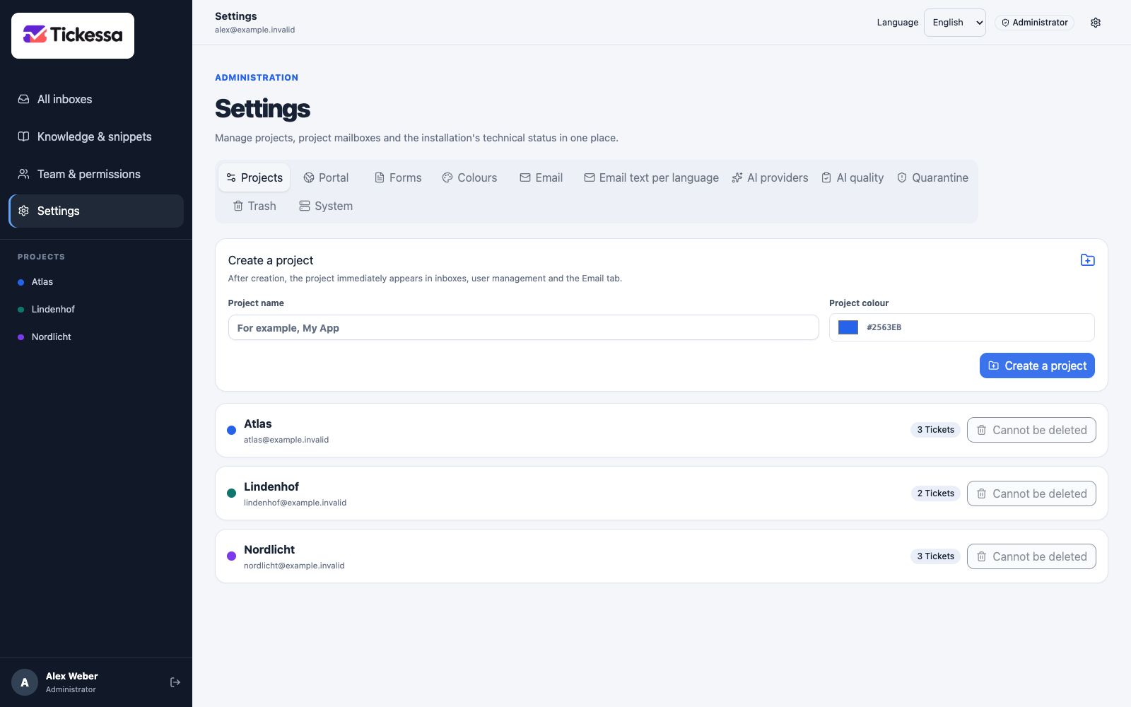 Project management showing Atlas, Lindenhof and Nordlicht