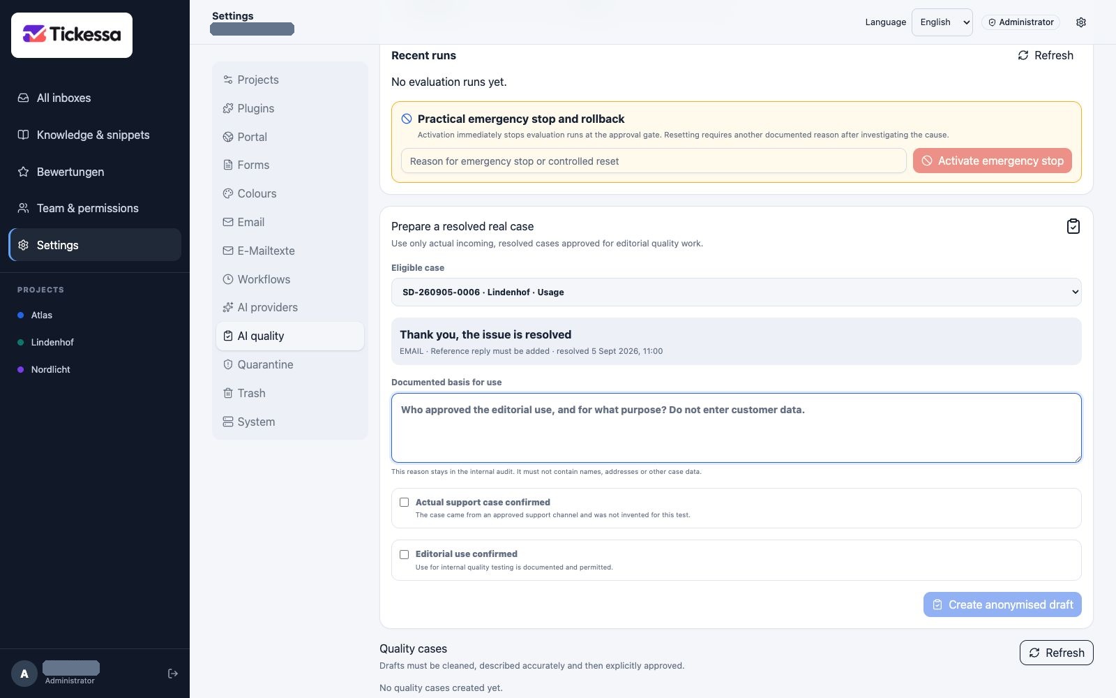 AI quality case preparation with permission basis and ticket selection