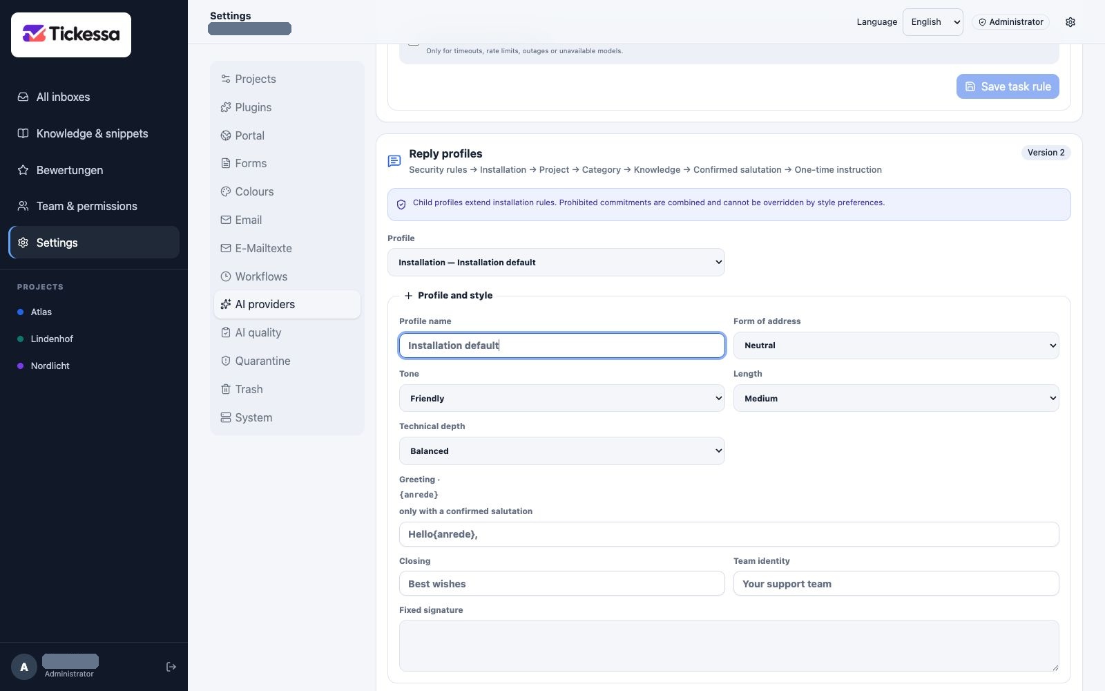 Reply profile with address style, tone, length and team identity