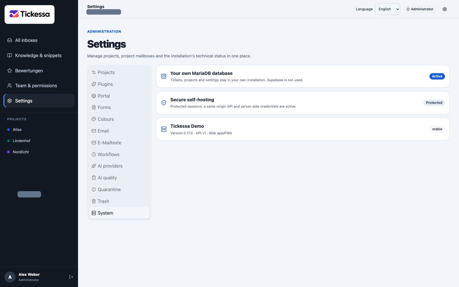 System view with product version, API level and technical status