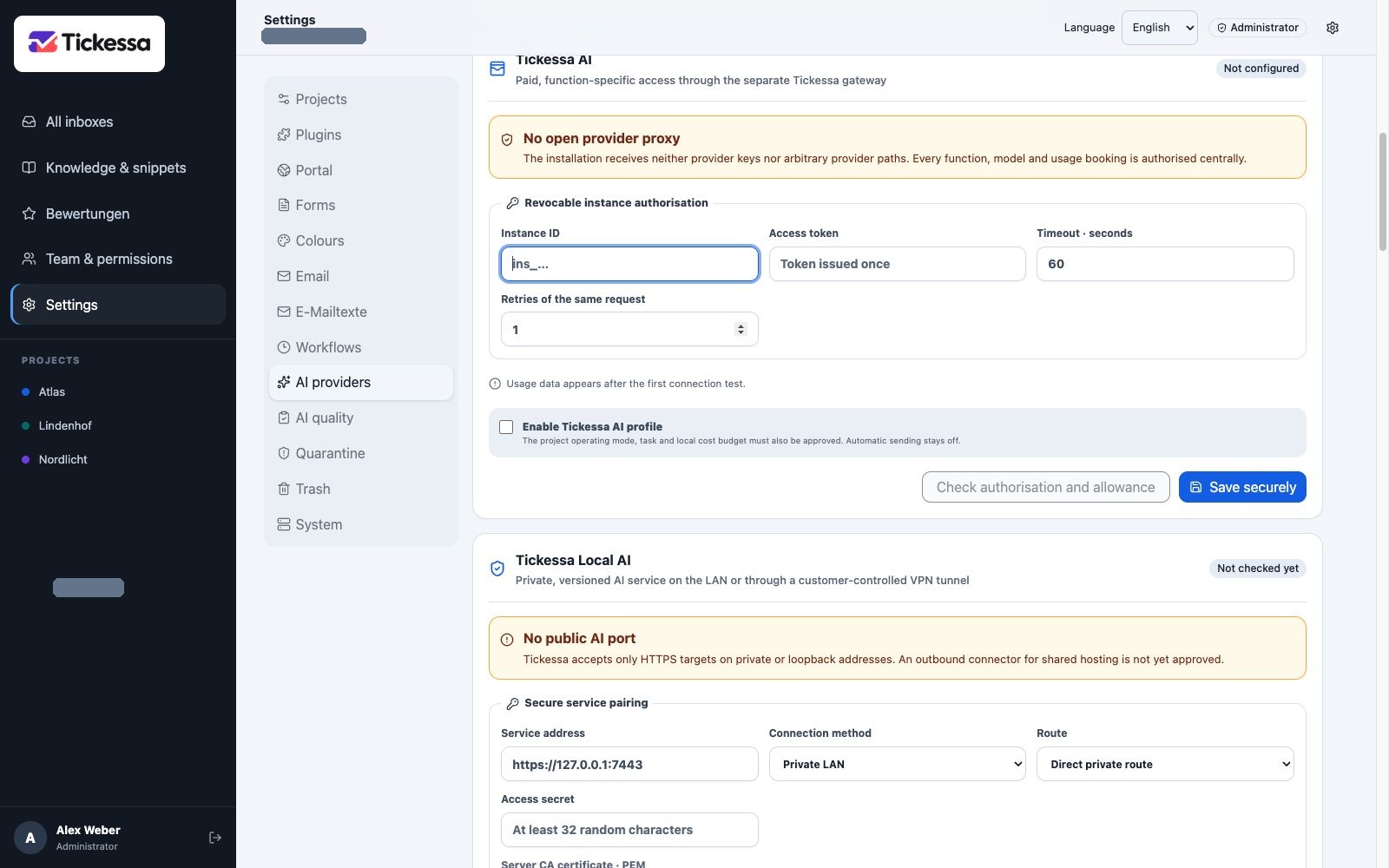Tickessa AI pairing with instance access and quota status