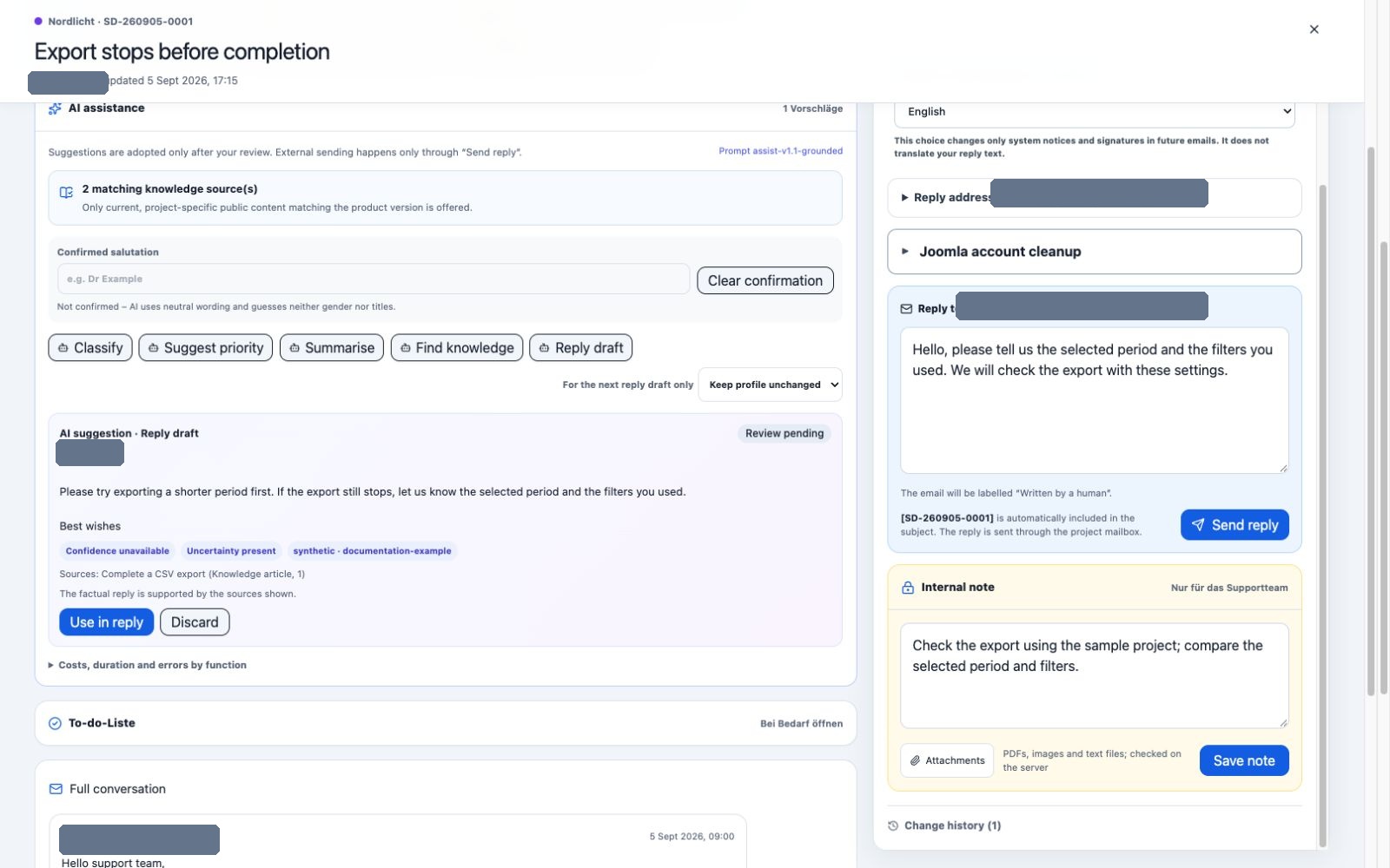 AI suggestion in a ticket with knowledge context and source reference