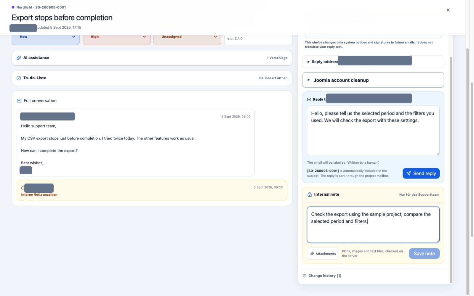 Ticket with reply language, customer reply and internal-note field