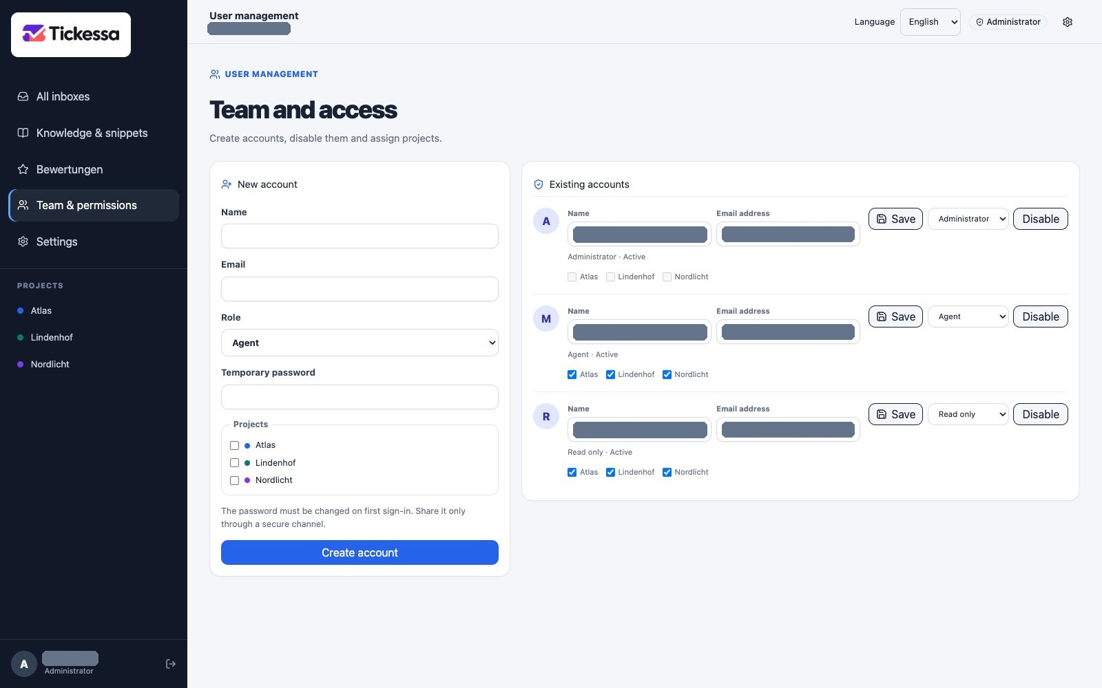 User management with roles and project permissions