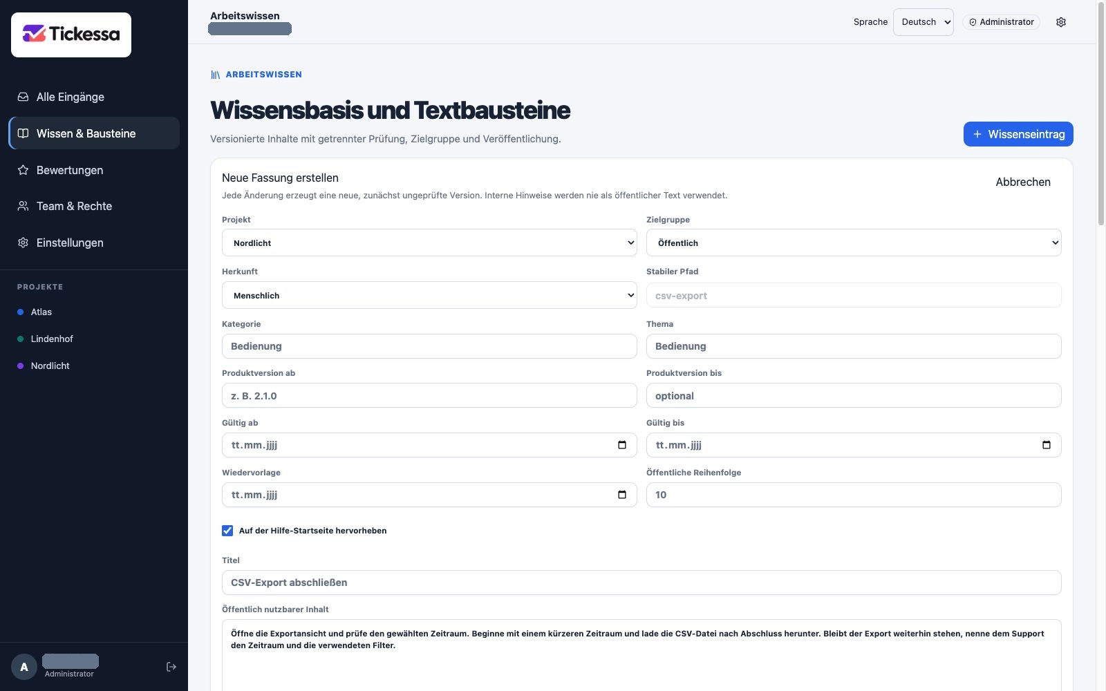 Wissenseditor mit Projekt, Zielgruppe, Herkunft, Gültigkeit und Titel