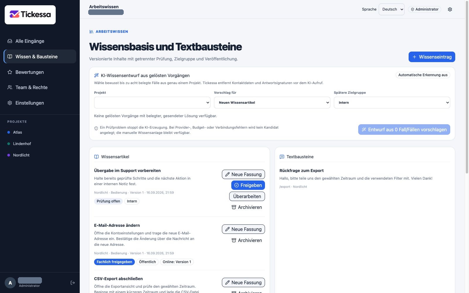 Wissensübersicht mit veröffentlichten Artikeln, Entwurf und Textbaustein
