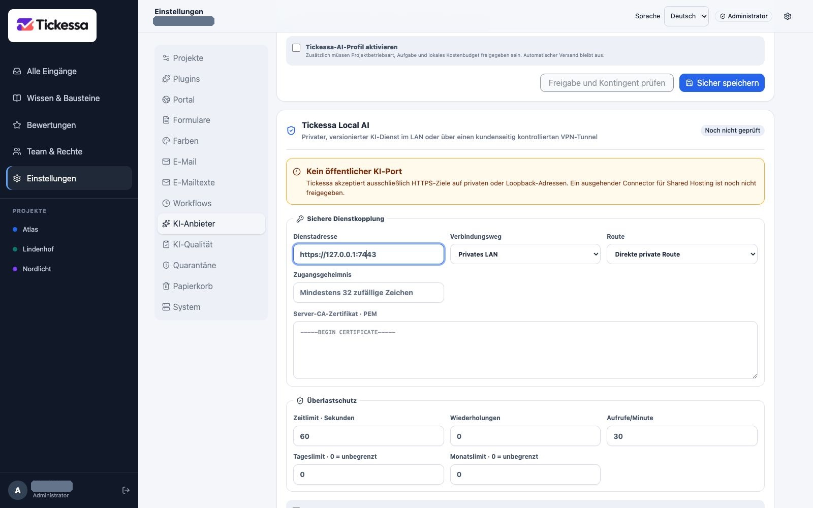 Local-AI-Verbindung mit Dienstadresse und Projektzuordnung