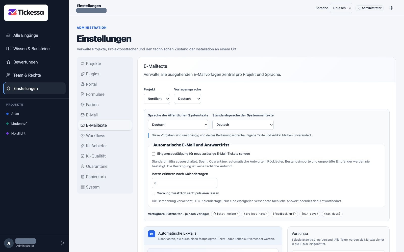 E-Mailtext-Editor mit Projekt- und Sprachauswahl