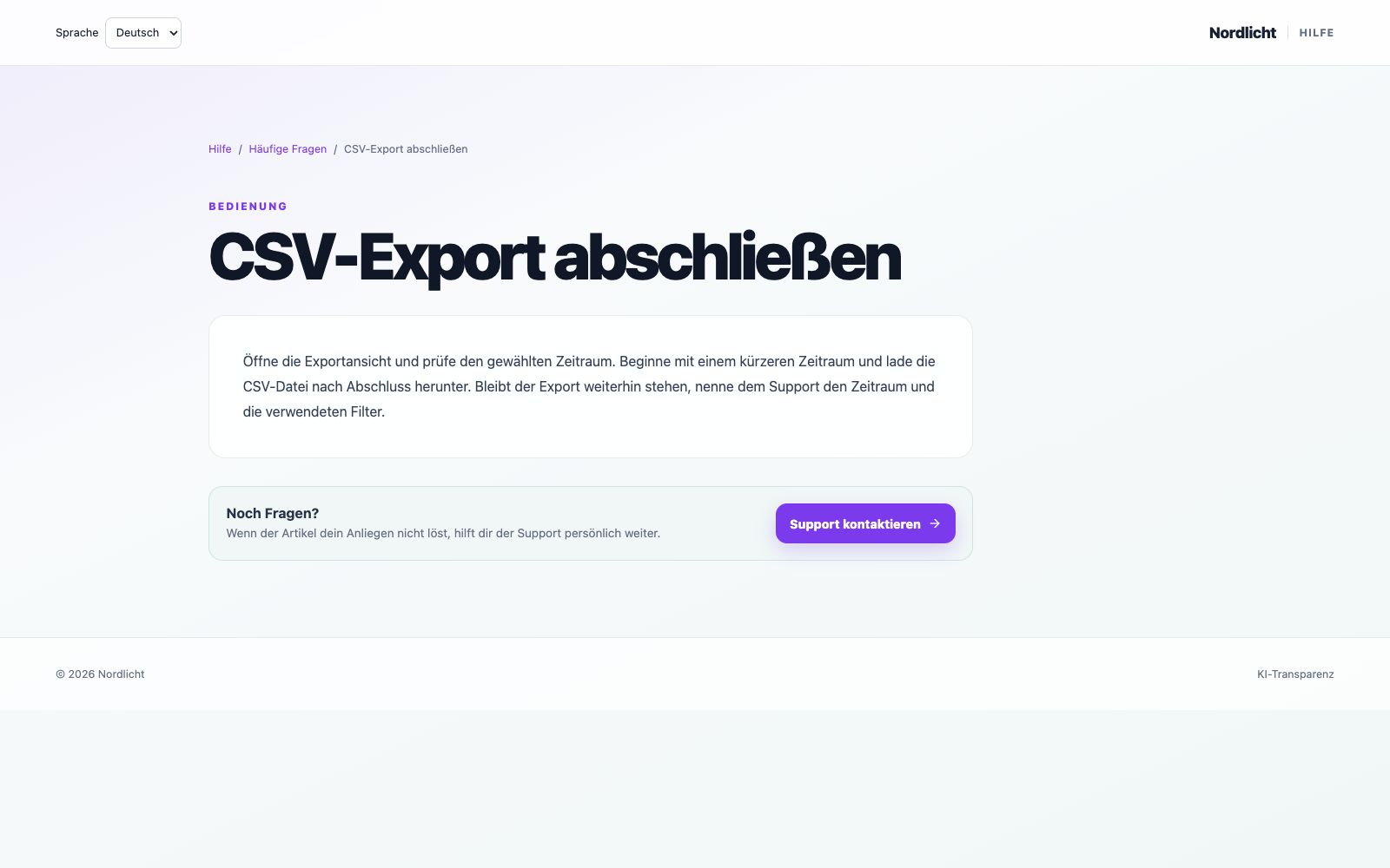 Öffentlicher Wissensartikel mit Schritten zum CSV-Export