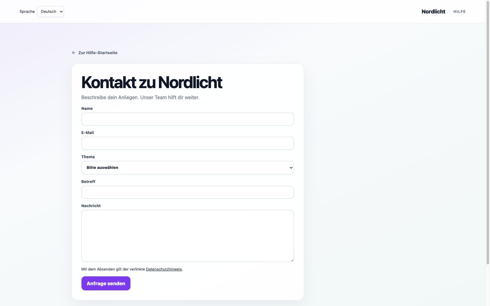 Öffentliches Kontaktformular mit Thema, Kontaktdaten und Nachricht