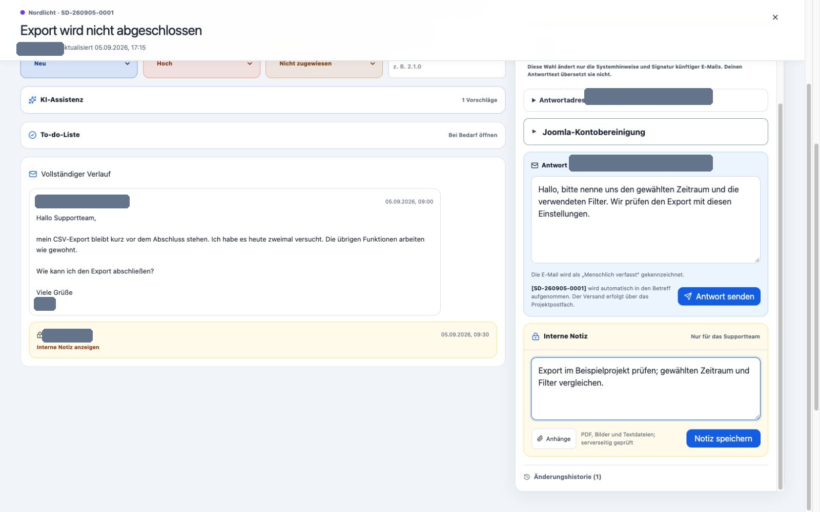Ticket mit Antwortsprache, Kundenantwort und internem Notizfeld